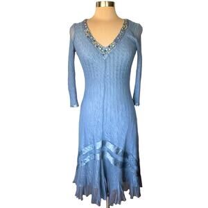 Komarov Beaded Midi Dress Blue Chiffon & Sheer SMALL Fairy Formal Wedding Guest